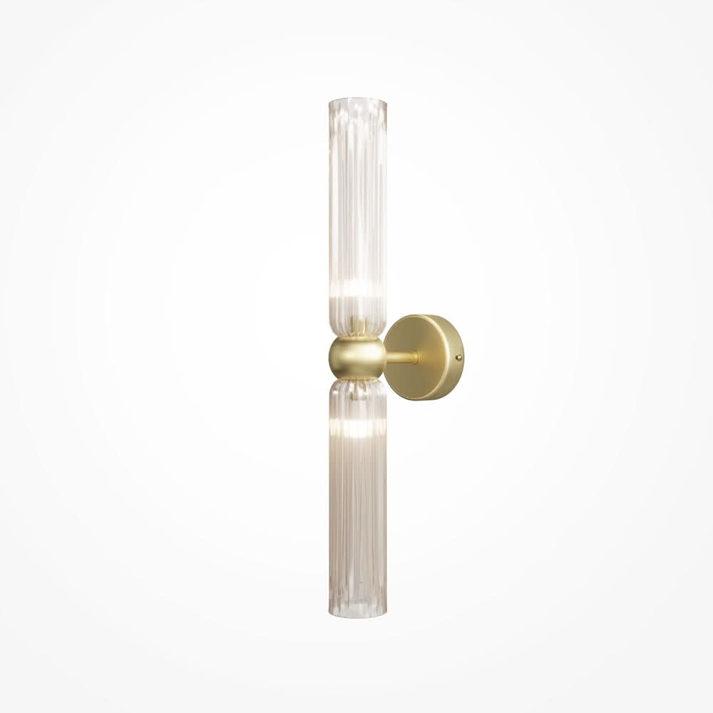 Applique en laiton avec deux cylindres de verre transparent strié, éclairage allumé