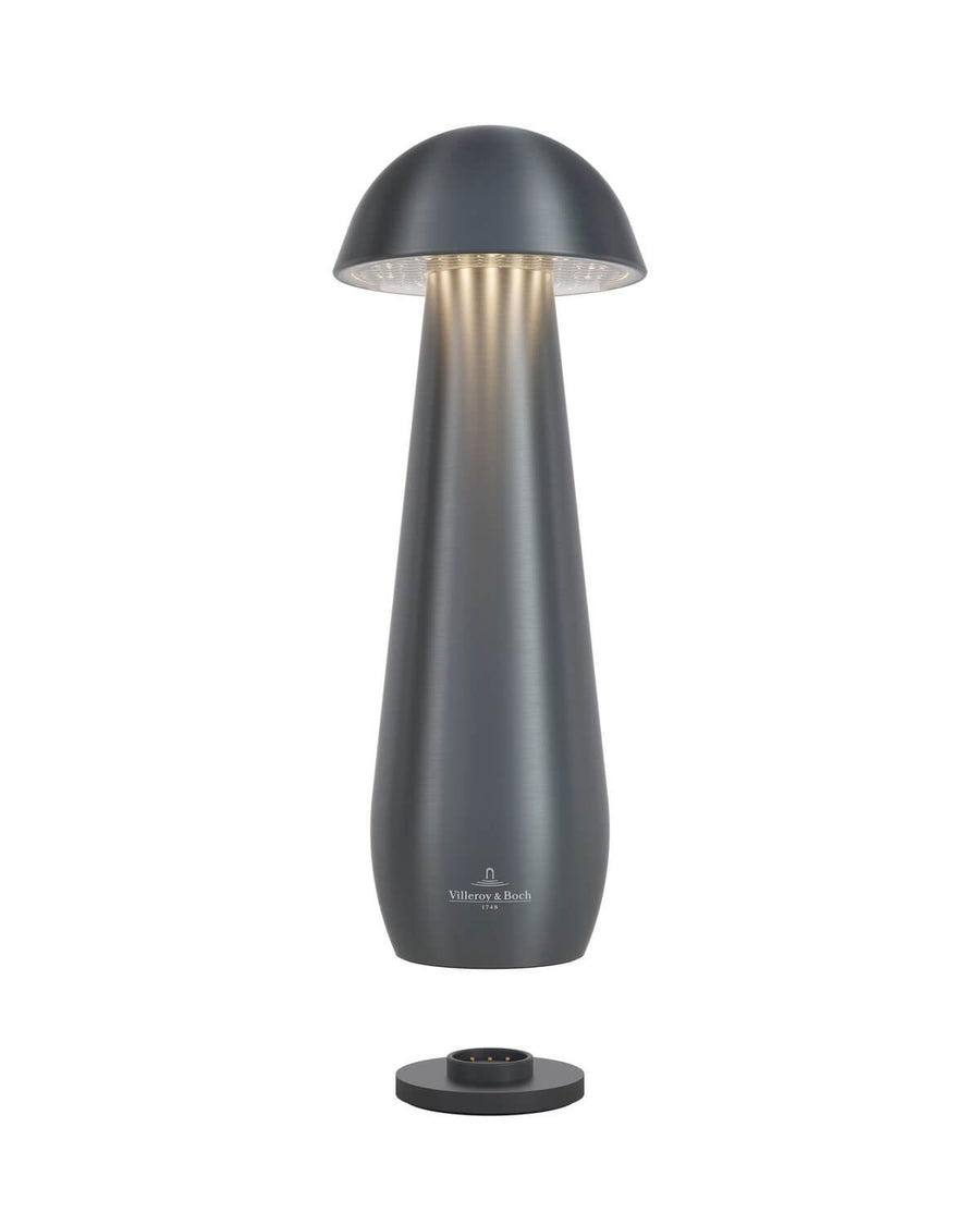 Lampe anthracite et son socle de recharge séparé, vue de face sur fond blanc