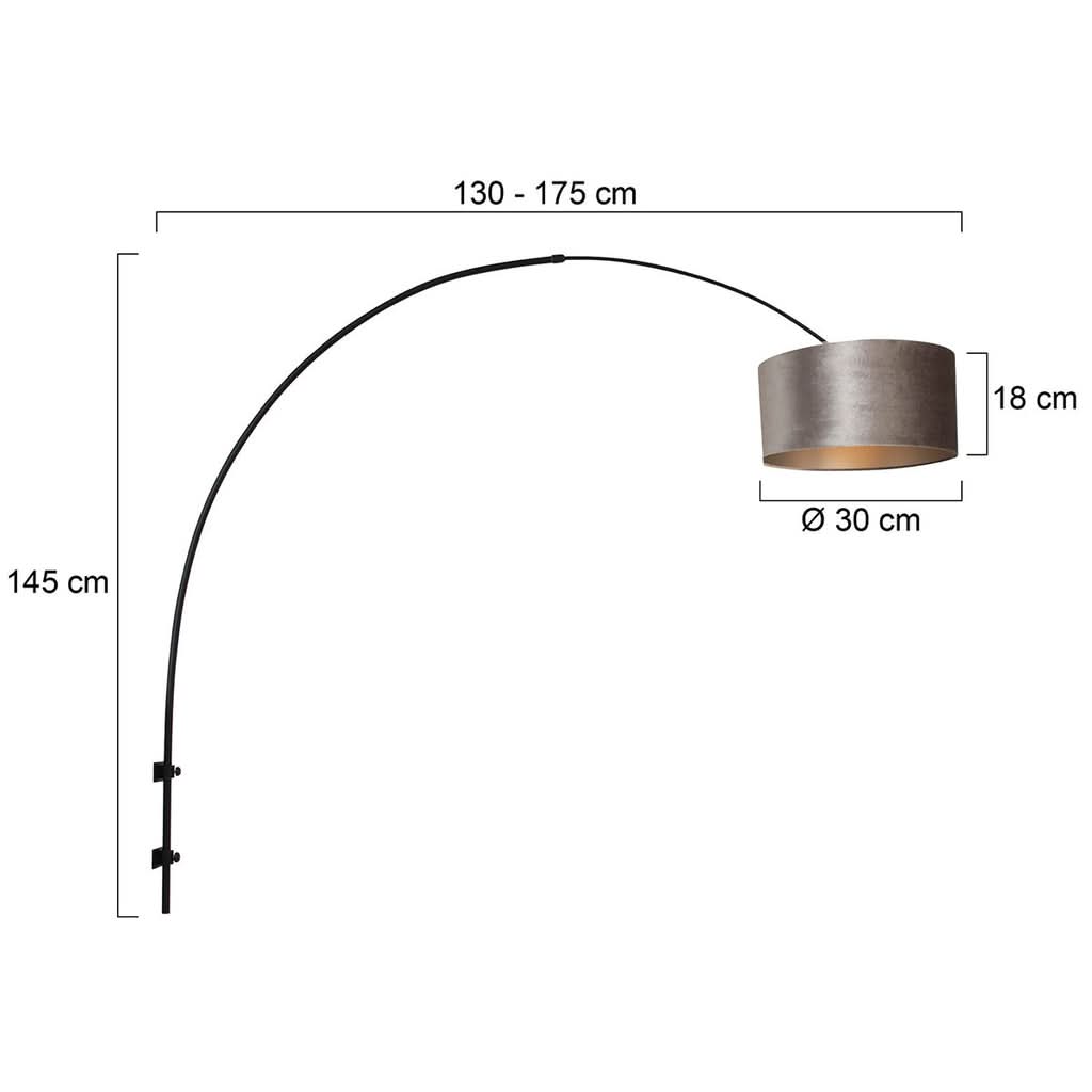 Dimensions de l'applique murale arc : arc réglable 130 à 175 cm, abat-jour Ø 30 cm