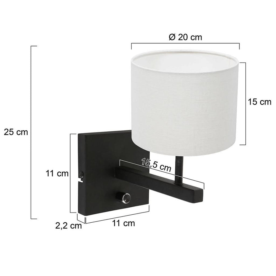 Schéma de dimensions cotées : hauteur 25 cm, diamètre abat-jour 20 cm