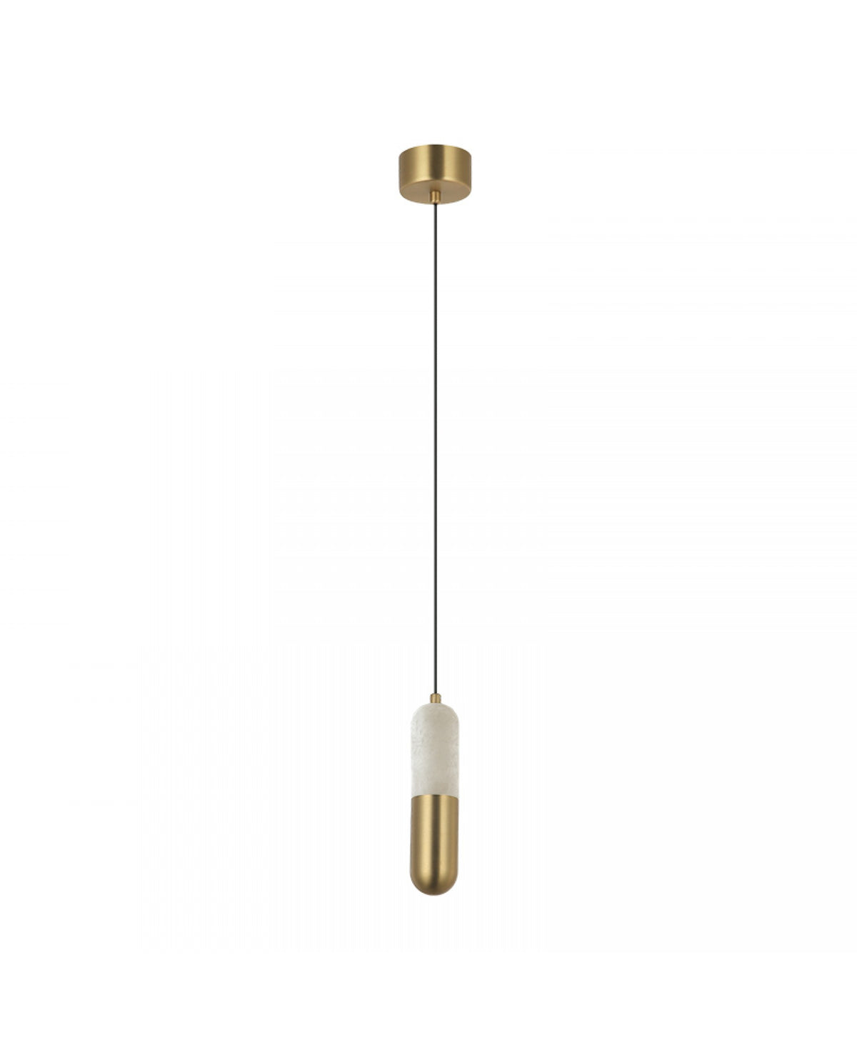 Vue complète du luminaire avec rosace laiton, câble noir et corps capsule