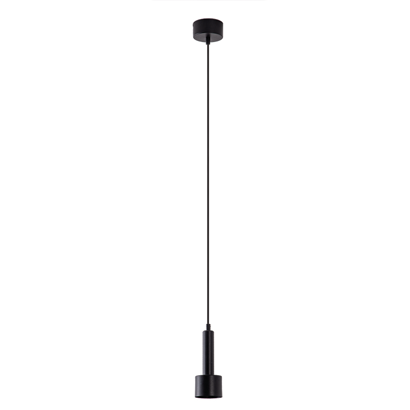 Suspension noire vue de face avec longue tige et rosace fixée au plafond blanc