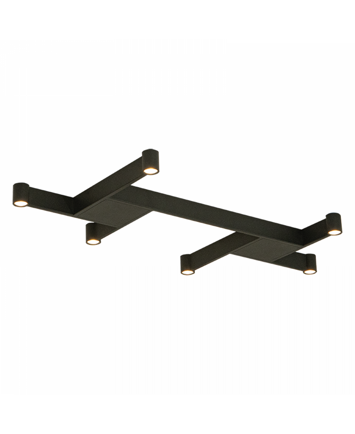 Détail du luminaire vu de biais, barres noires et têtes cylindriques éclairées sur fond blanc.