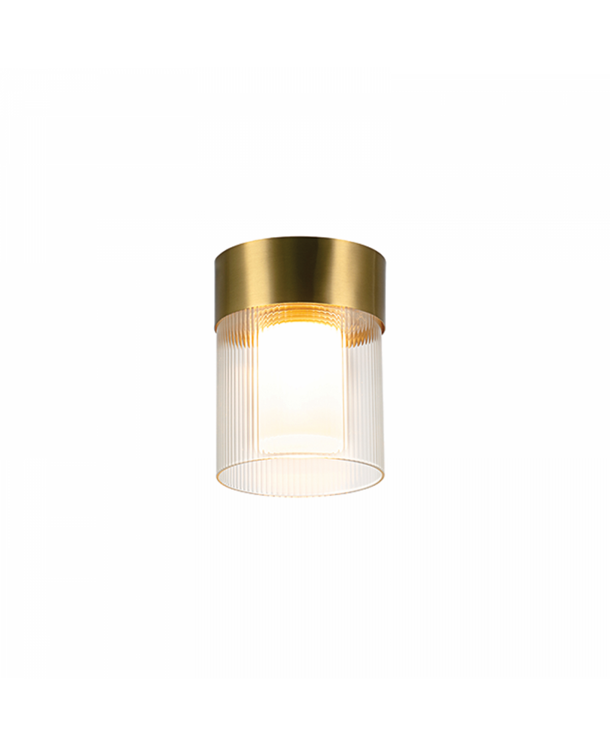 Second angle du luminaire doré, mettant en valeur la couronne et le diffuseur