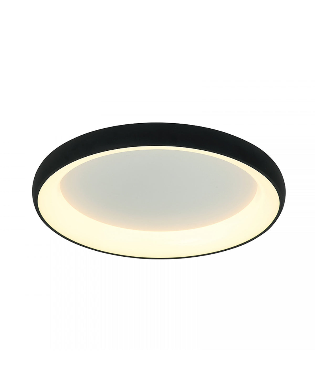 Luminaire de plafond vu de dessous, halo lumineux blanc et contour noir