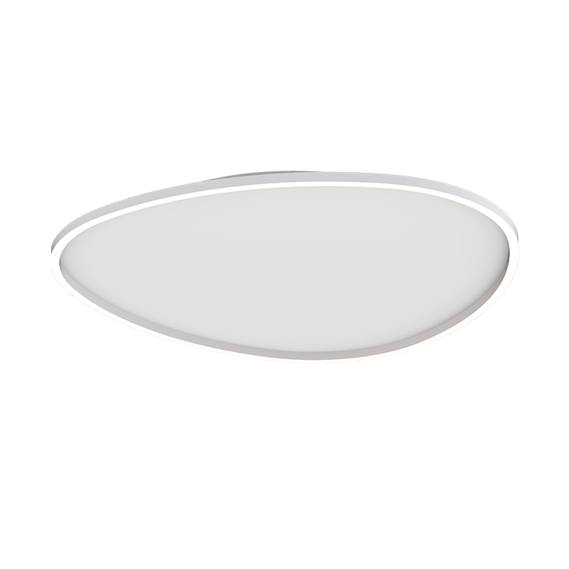 Vue rapprochée du plafonnier ovale, mettant en valeur le bandeau lumineux périphérique.