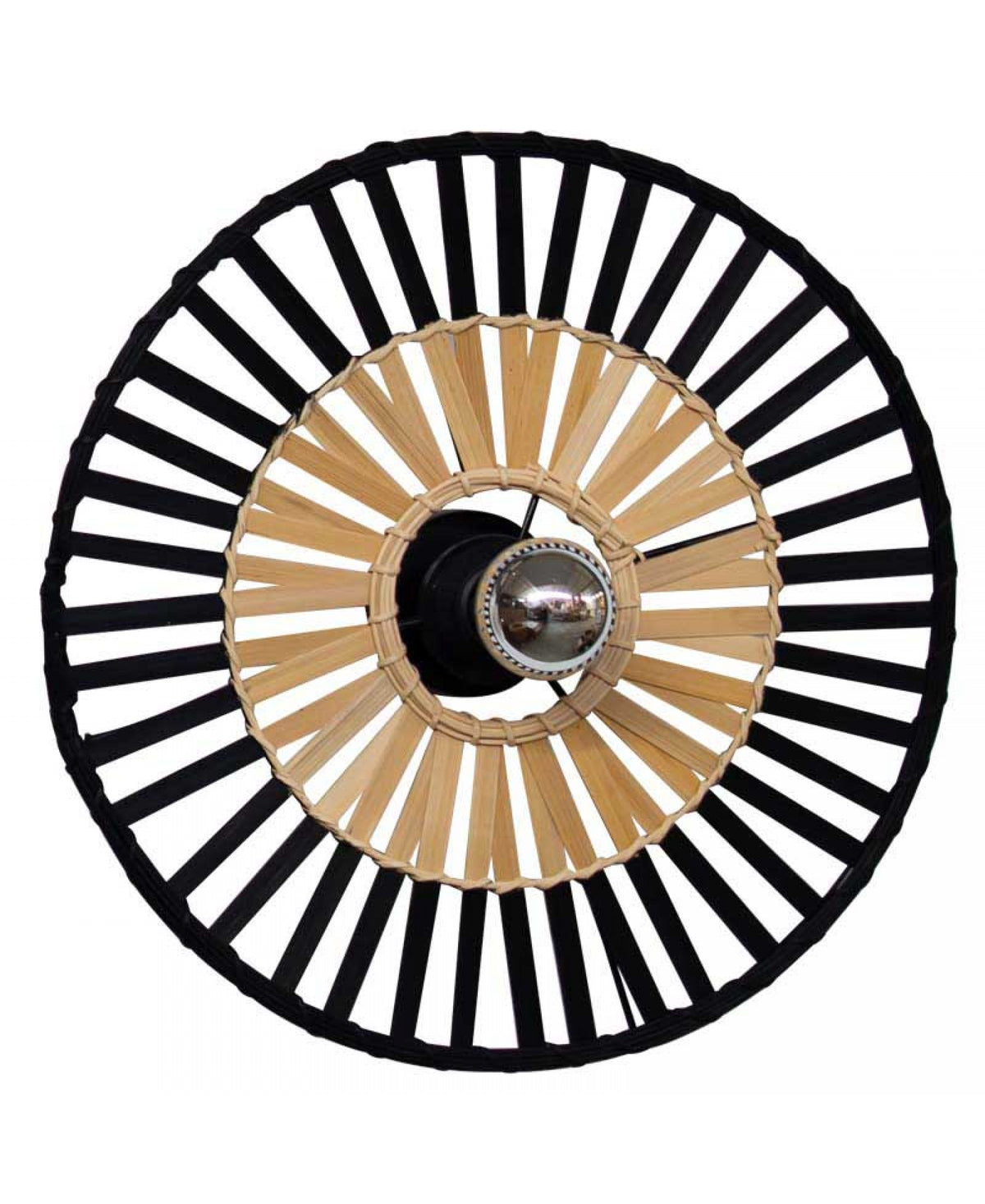 Produit présenté de face sur fond blanc, structure métallique noire et croisillons en bambou clair