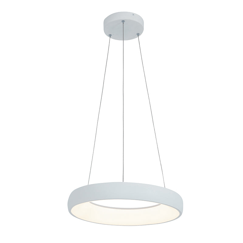 Vue du luminaire montrant le diffuseur opale allumé sous l'anneau