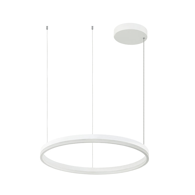 Vue légèrement en plongée du luminaire, anneau circulaire et fixations câbles