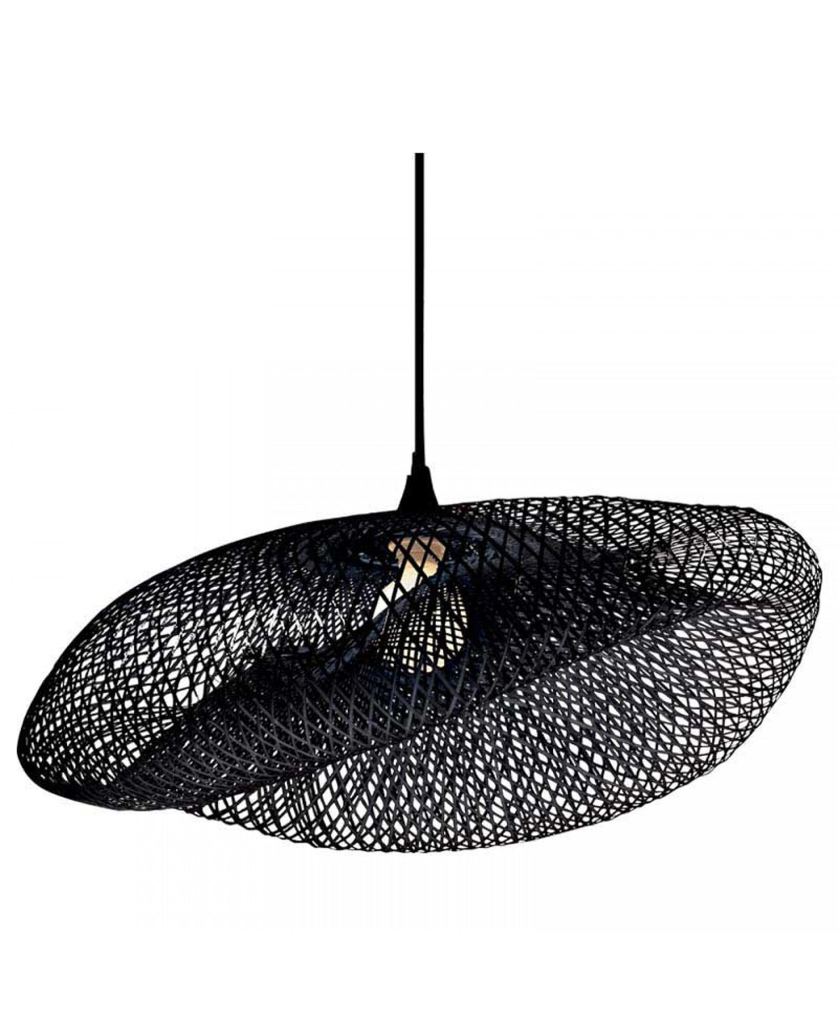 Produit isolé : suspension noire en résille métallique, douille E27 et cordon visibles.