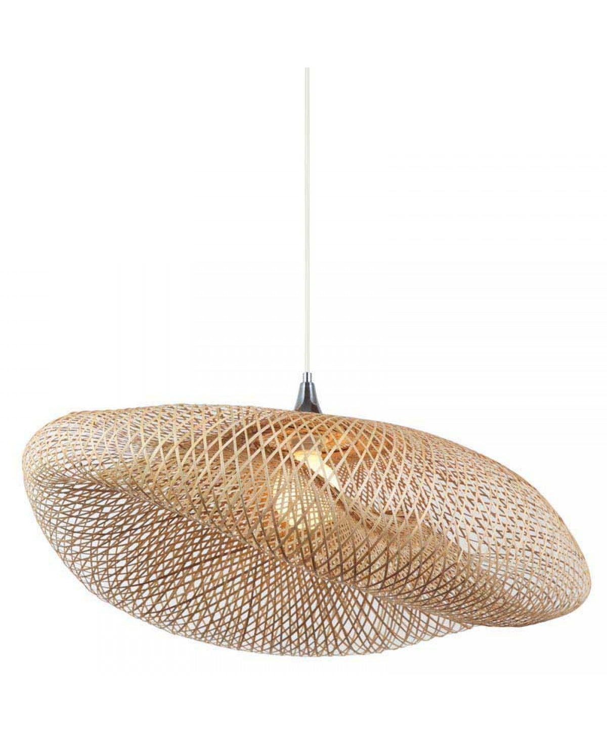 Détail produit du diffuseur en bambou, maille losangée laissant voir l'ampoule allumée.