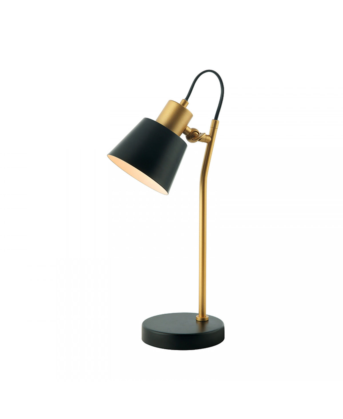 Second angle du luminaire montrant la tige dorée et le socle rond noir mat