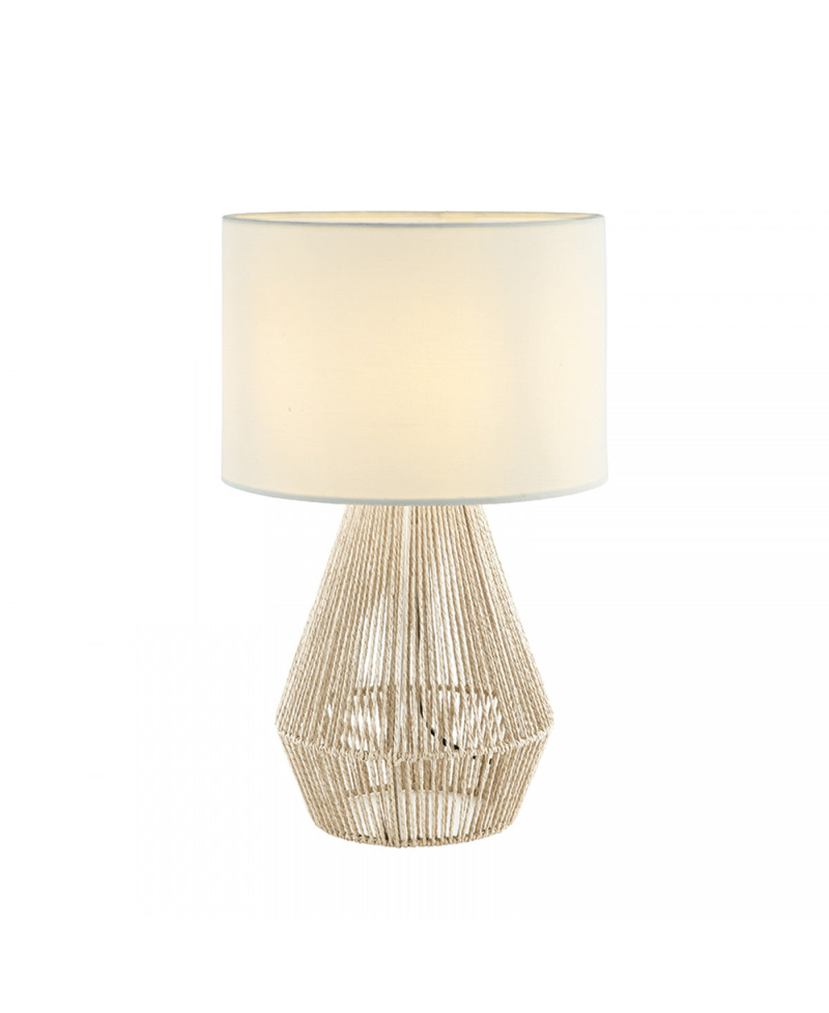 Détail du pied en rotin tressé et de l'abat-jour blanc cylindrique.