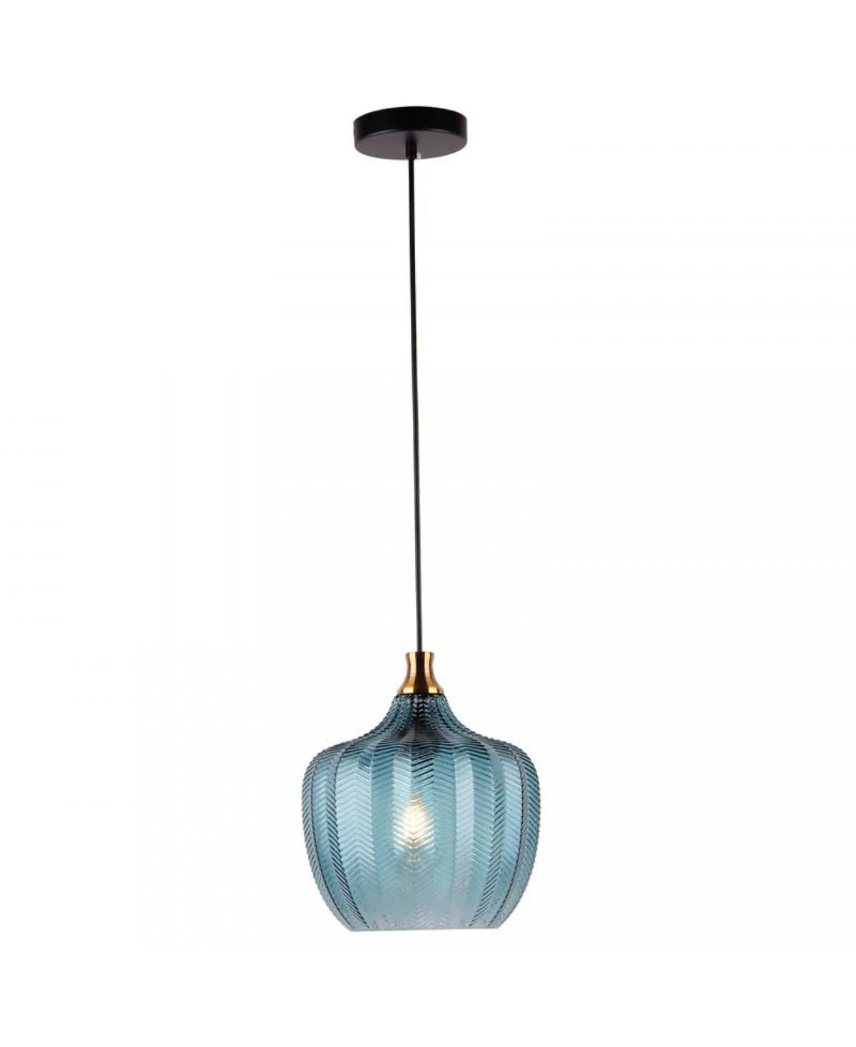 Vue de face de la suspension bleue avec câble noir et douille laiton sur fond blanc.