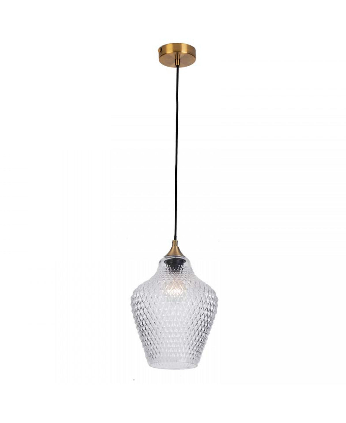 Plan large du luminaire montrant câble noir, rosace laiton et globe transparent