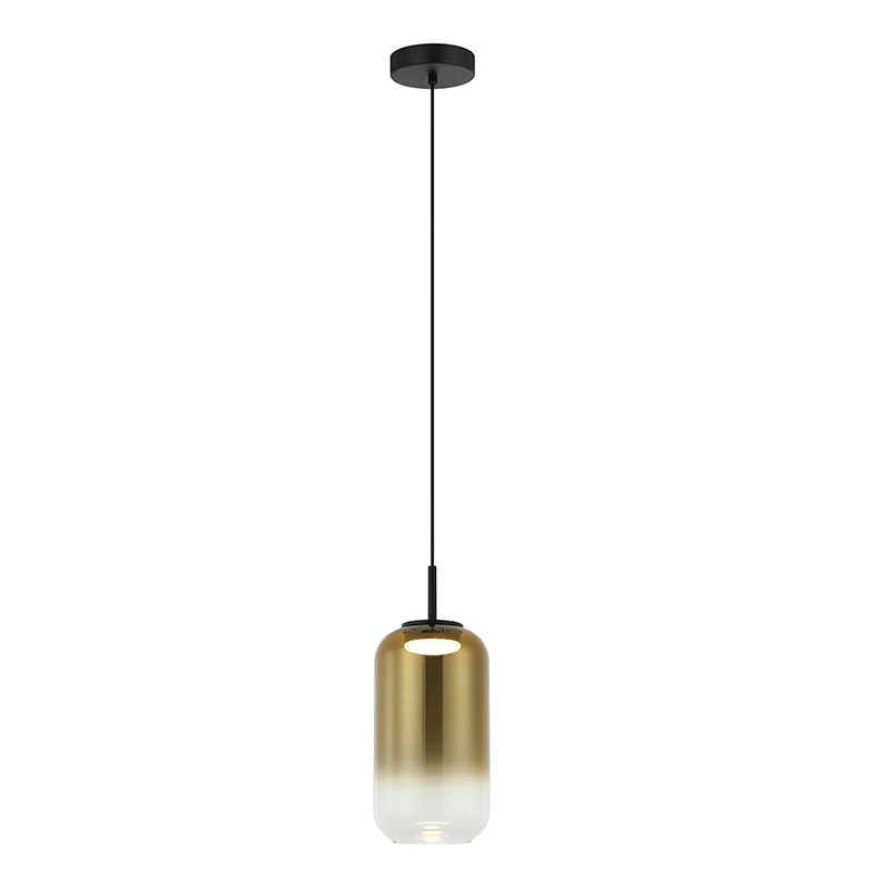 Vue d'ensemble du luminaire suspendu, câble noir fin et diffuseur cylindrique bicolore