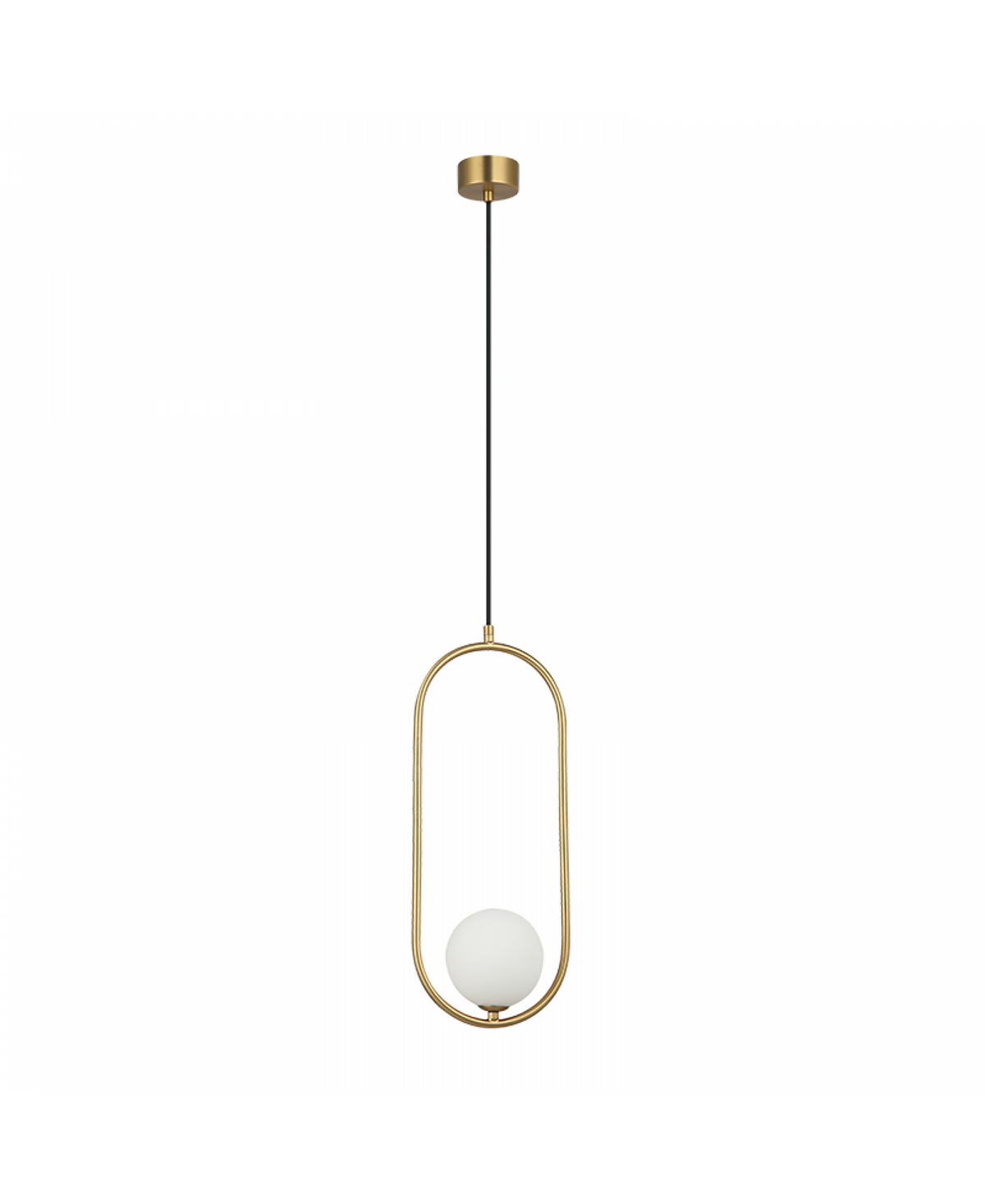 Produit seul sur fond blanc, suspension laiton ovale avec sphère blanche en verre.