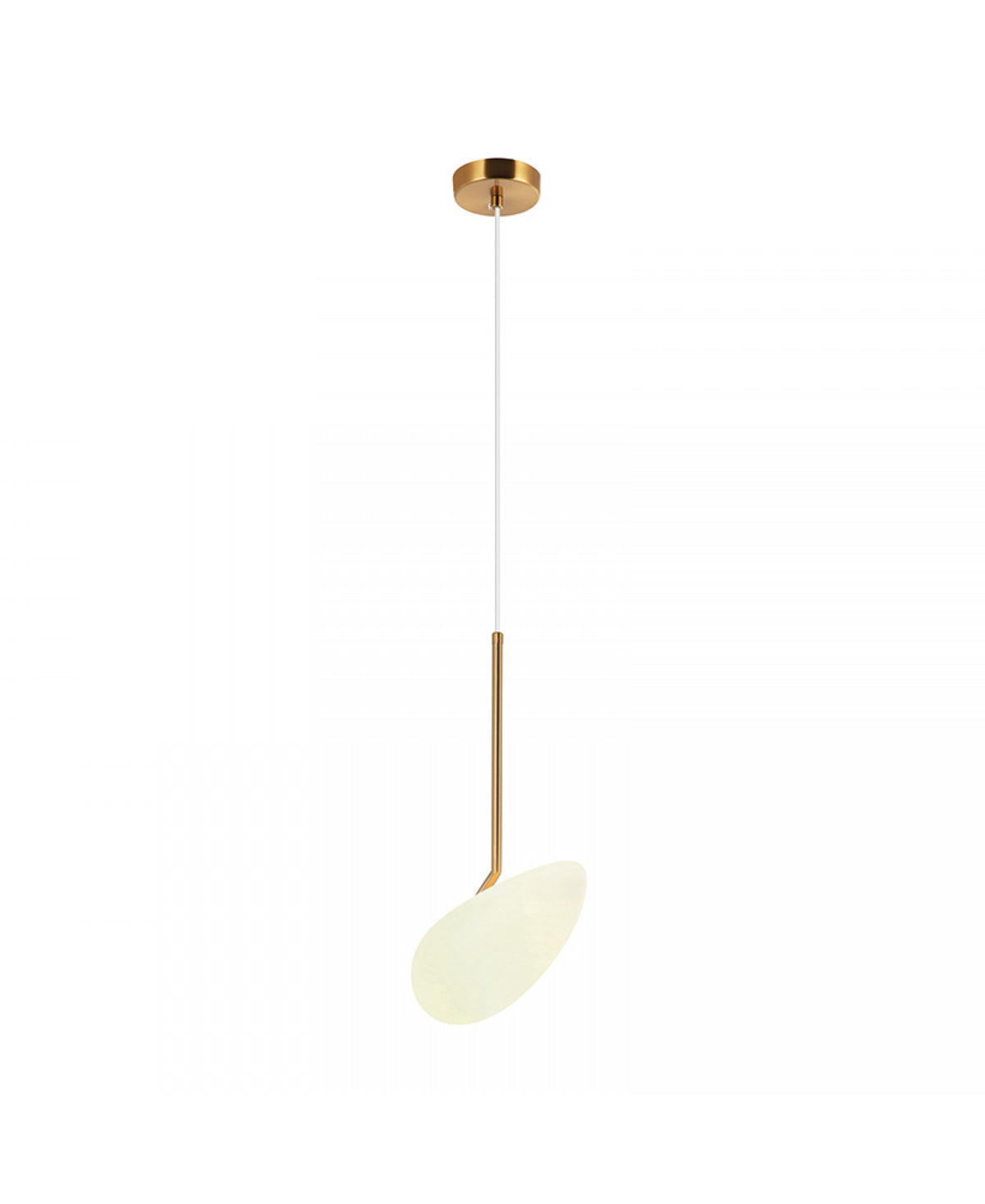 Suspension allumée sur fond blanc, tige dorée et diffuseur ovale lumineux.