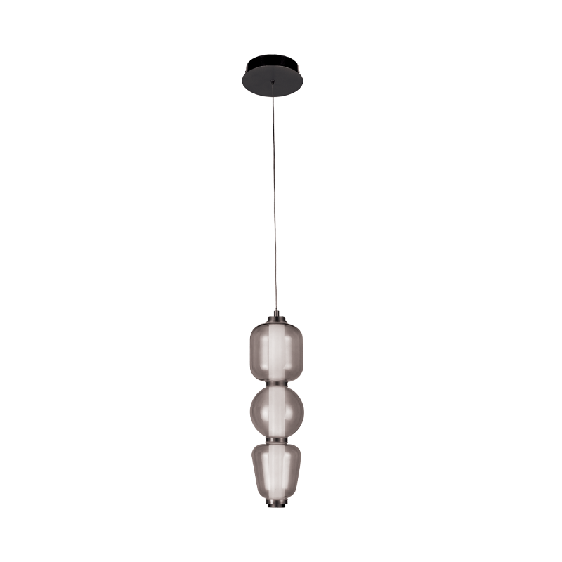 Vue de face du luminaire suspendu, câble fin et verre fumé transparent.