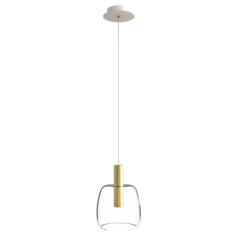 Vue de face du luminaire, câble fin et diffuseur en verre transparent