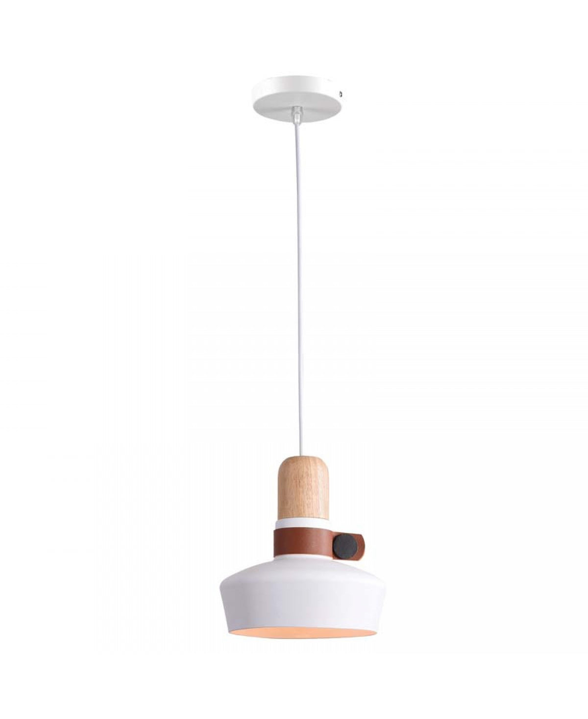 Détail du luminaire suspendu, abat-jour blanc et attache marron.