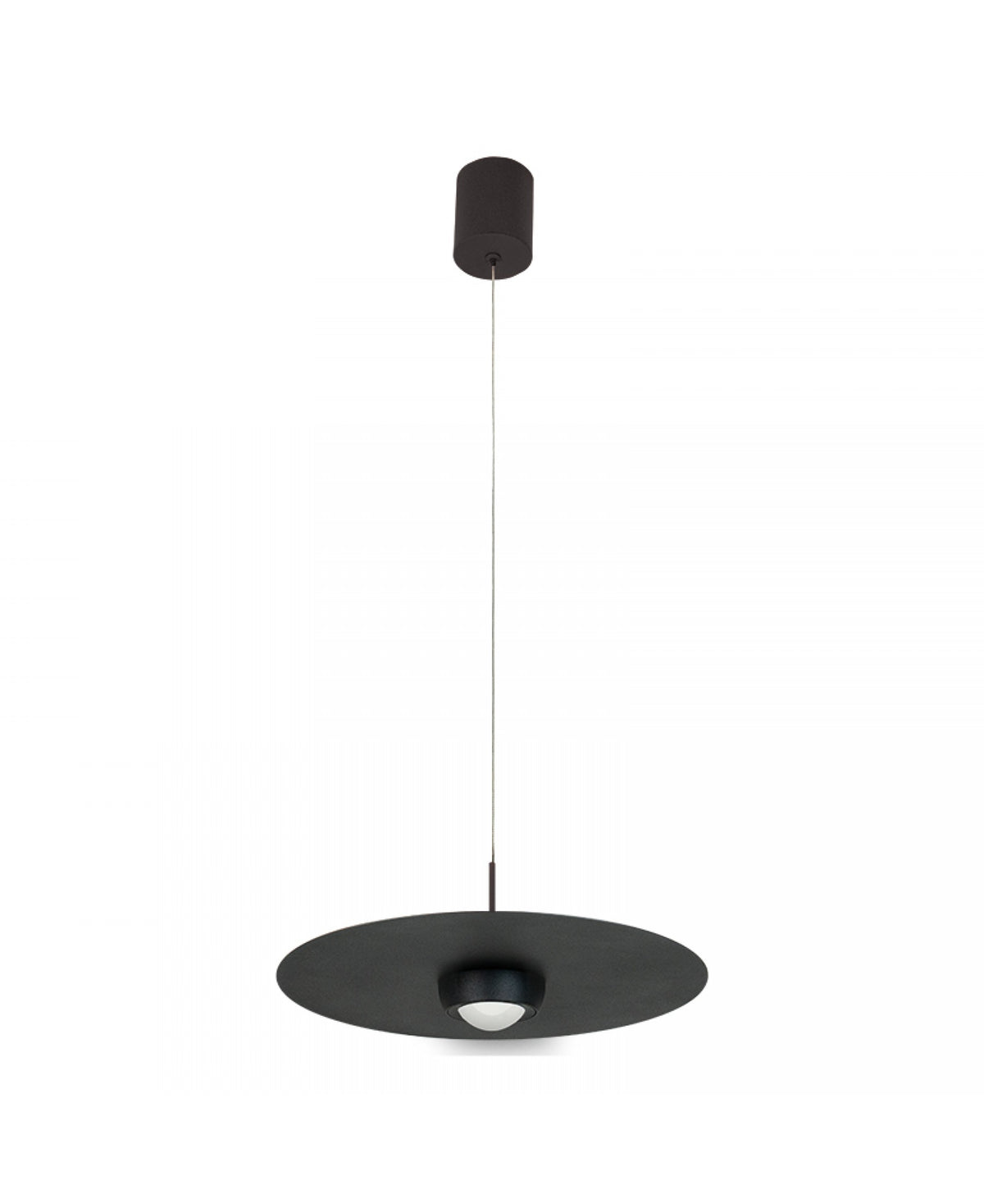 Suspension noire vue de trois quarts, disque plat et source lumineuse centrale