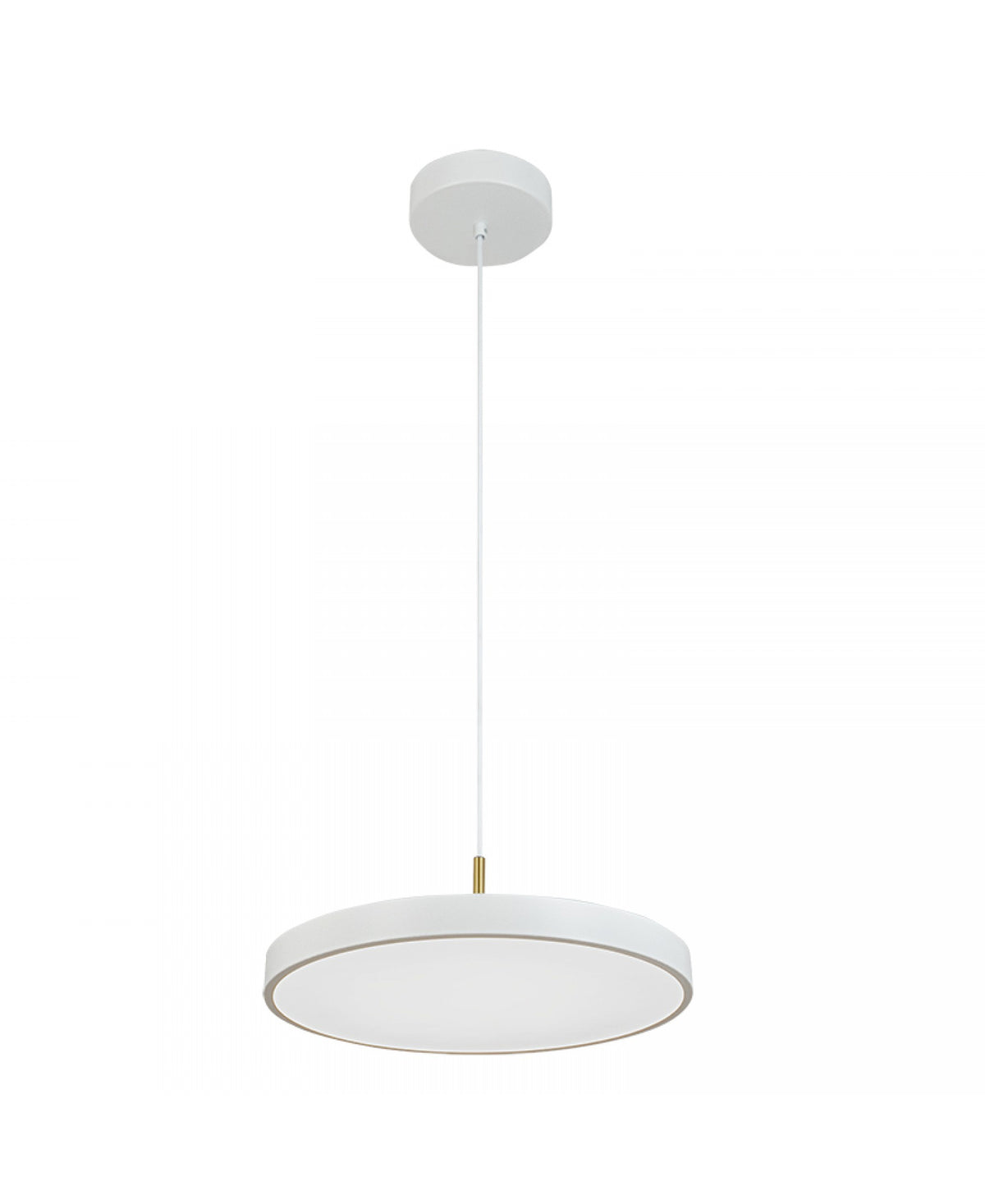 Autre angle du luminaire suspendu, abat-jour cylindrique blanc et finition laiton