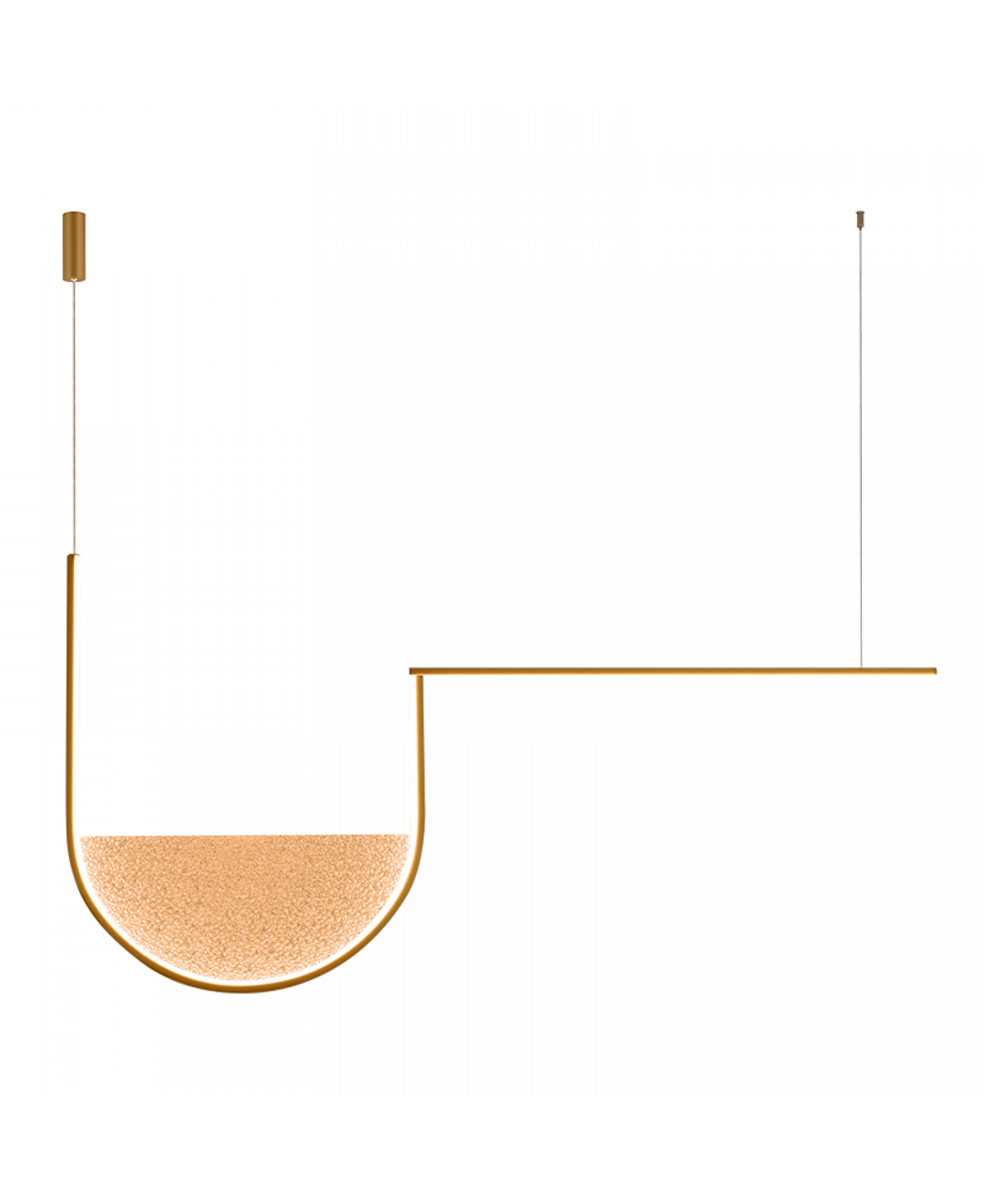 Autre angle du modèle, câbles de suspension apparents et finition or brossé