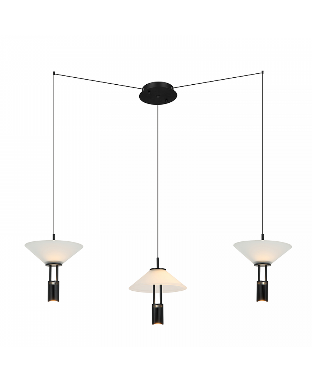 Troisième vue du produit sur fond blanc, détails des tiges noires et abat-jour en verre