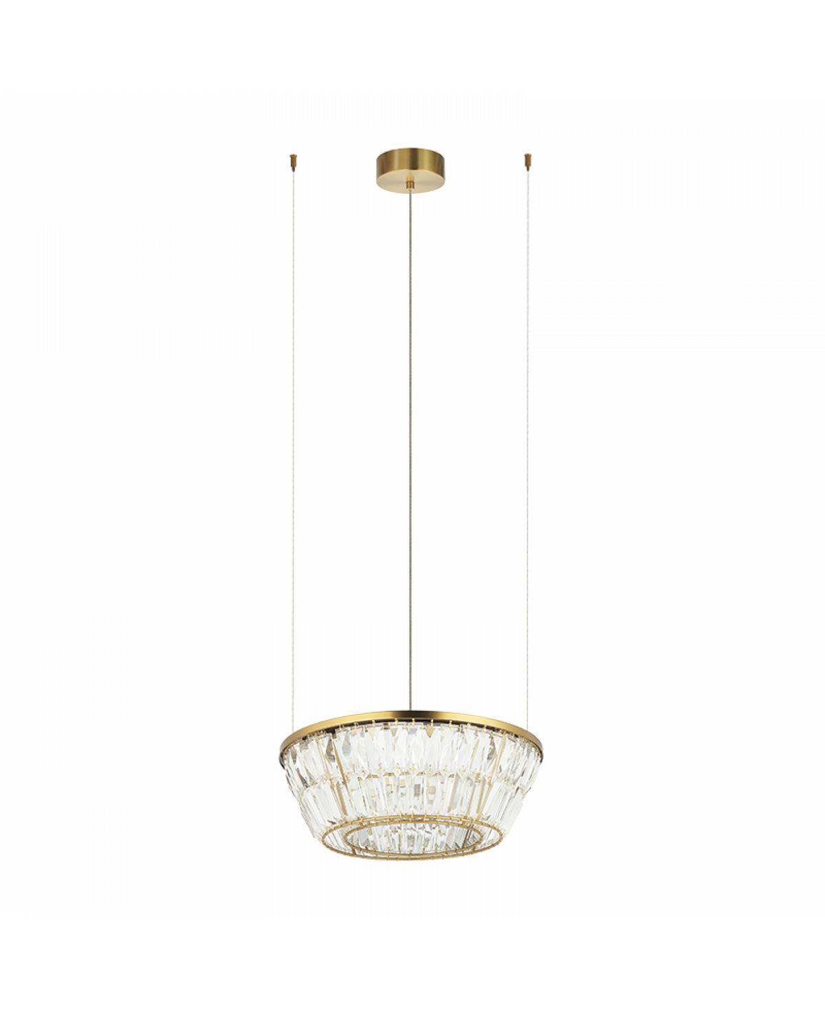 Vue de trois quarts du panier de cristaux facettés sous structure métallique dorée
