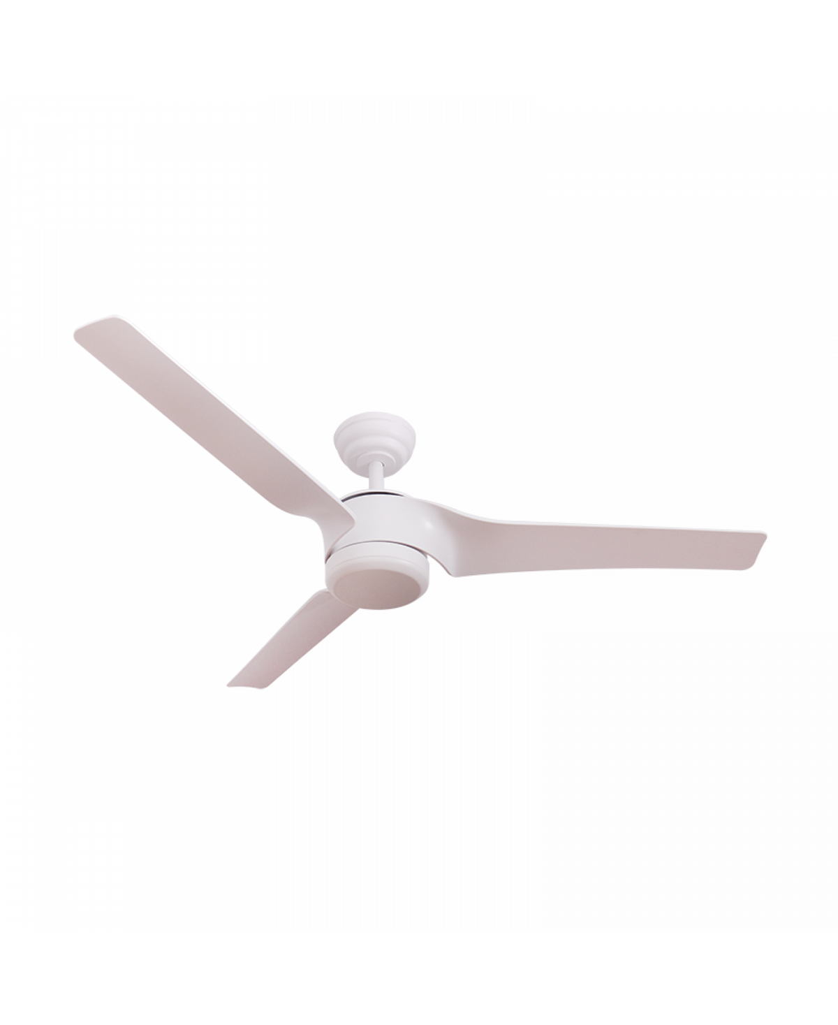 Autre angle du même ventilateur blanc mat sur fond neutre clair
