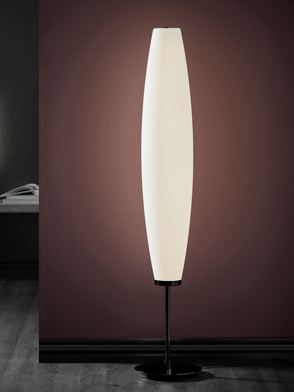 Lampadaire Zenta, noir structuré et verre opale