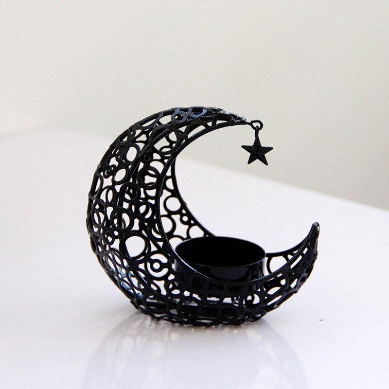 Bougeoir en métal Lune et visage | Senteur Sculptée - Designix Bougeoirs Cage | Or | 16x9.5cm