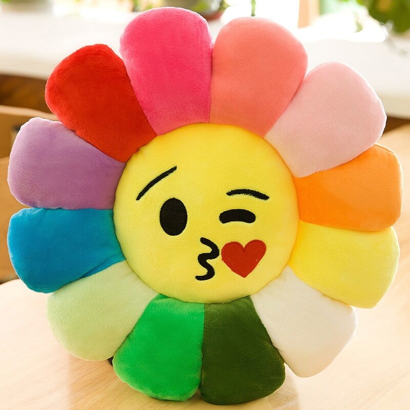 Coussin fleurs smiley | Soleil d'été 9999 verif | Designix - Coussin Diamètre 38cm Smiley Bisou Cœur  - https://designix.fr/