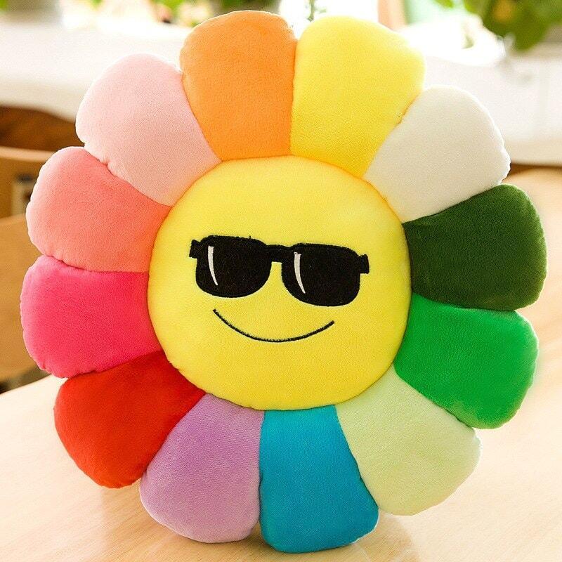 Coussin fleurs smiley | Soleil d'été - Designix Coussin Diamètre 38cm Smiley Lunette de Soleil