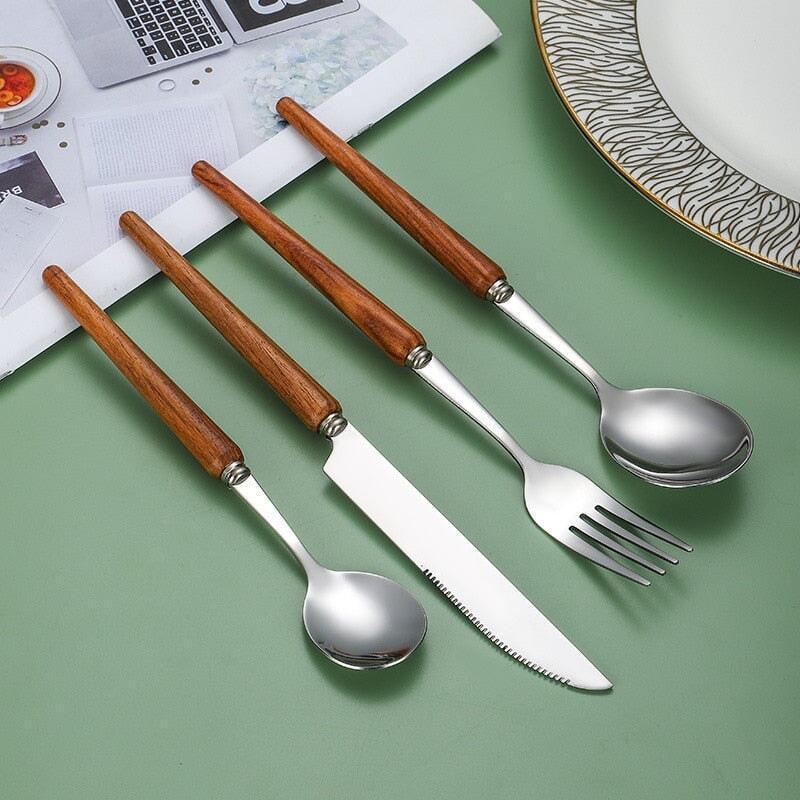 Couverts Manche en Bois | Enigma - Designix Couverts de table 16 Couverts | Argent