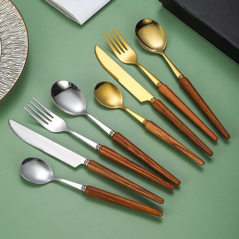 Couverts Manche en Bois | Enigma - Designix Couverts de table 16 Couverts | Argent