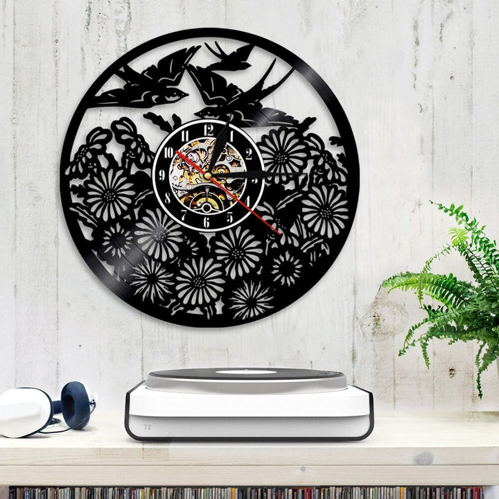 Horloge murale design | Oiseaux sur champs de fleurs | Designix - Horloge murales    - https://designix.fr/