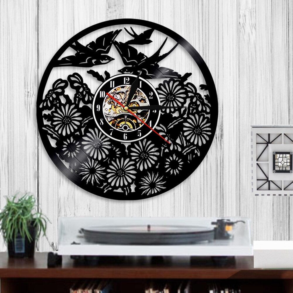 Horloge murale design | Oiseaux sur champs de fleurs | Designix - Horloge murales    - https://designix.fr/