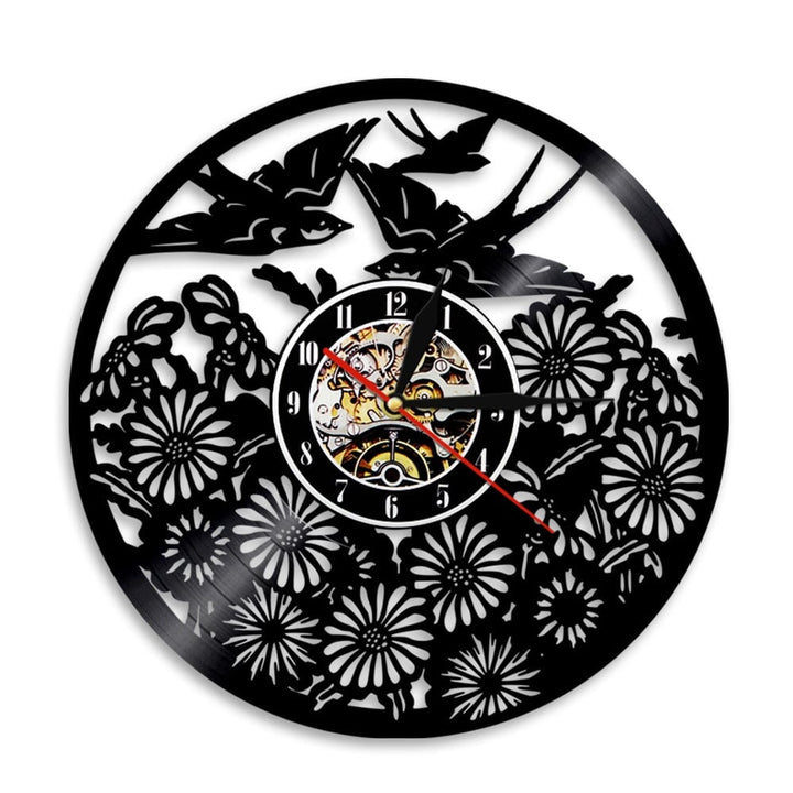 Horloge murale design | Oiseaux sur champs de fleurs | Designix - Horloge murales Sans LED   - https://designix.fr/