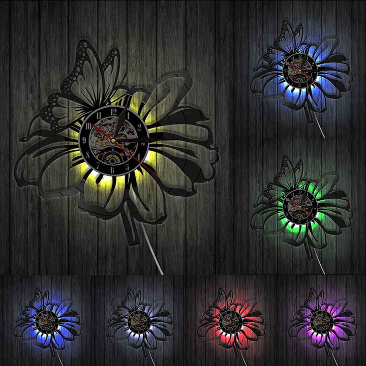Horloge Murale Design | Papillon sur fleur | Designix - Horloge murales Avec LED   - https://designix.fr/