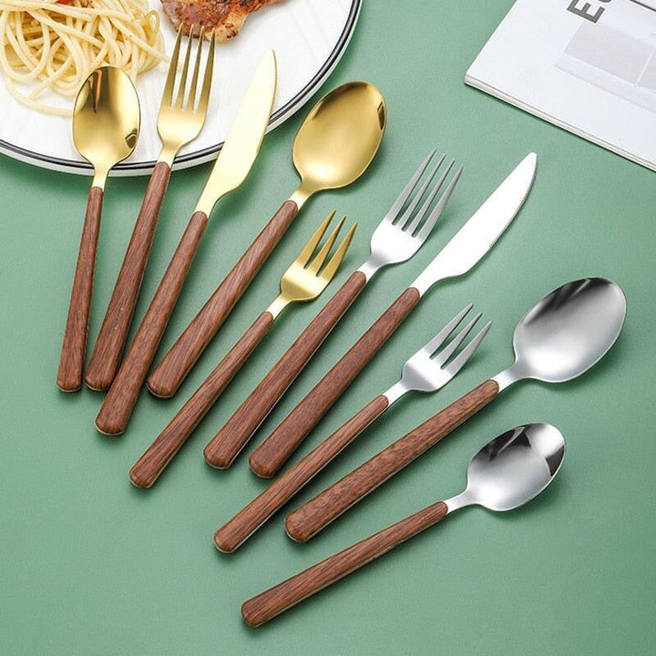 Ménagère de Couverts Manche Bois | Sérénité - Designix Couverts de table 16 Couverts | Argent