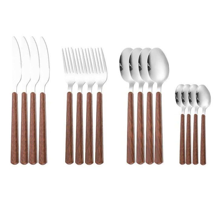 Ménagère de Couverts Manche Bois | Sérénité - Designix Couverts de table 16 Couverts | Argent