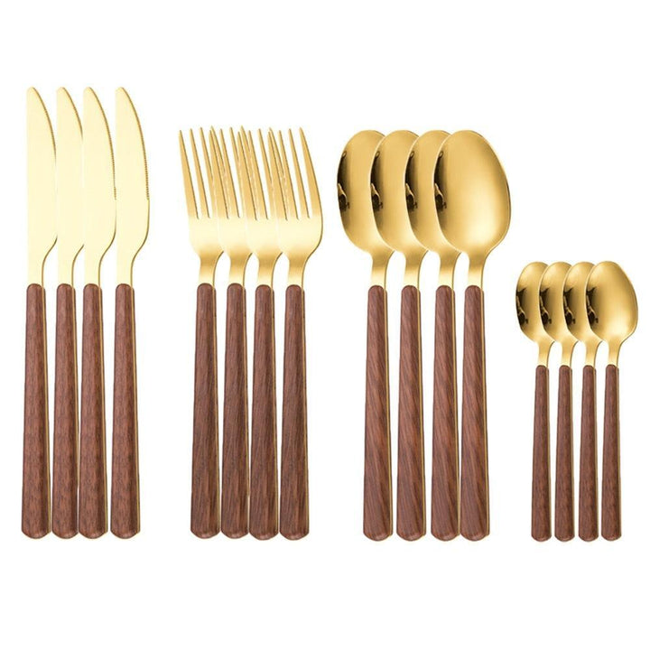 Ménagère de Couverts Manche Bois | Sérénité - Designix Couverts de table 16 Couverts | Or