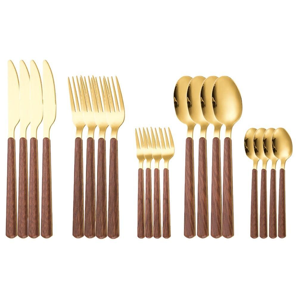 Ménagère de Couverts Manche Bois | Sérénité - Designix Couverts de table 20 Couverts | Or