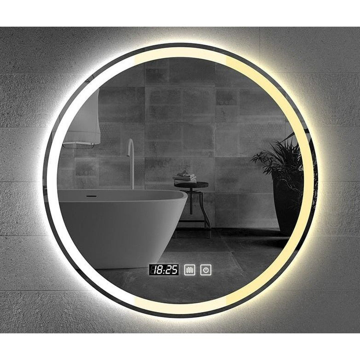 Miroir Rond Salle de Bain LED | Éclat Énigmatique | Designix - Miroir Affichage de l'heure et Température 50cm  - https://designix.fr/